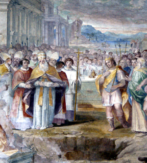 Pope St. Sylvester, with Emperor Constantine, lays the corner stone of the Lateran Baptistery.